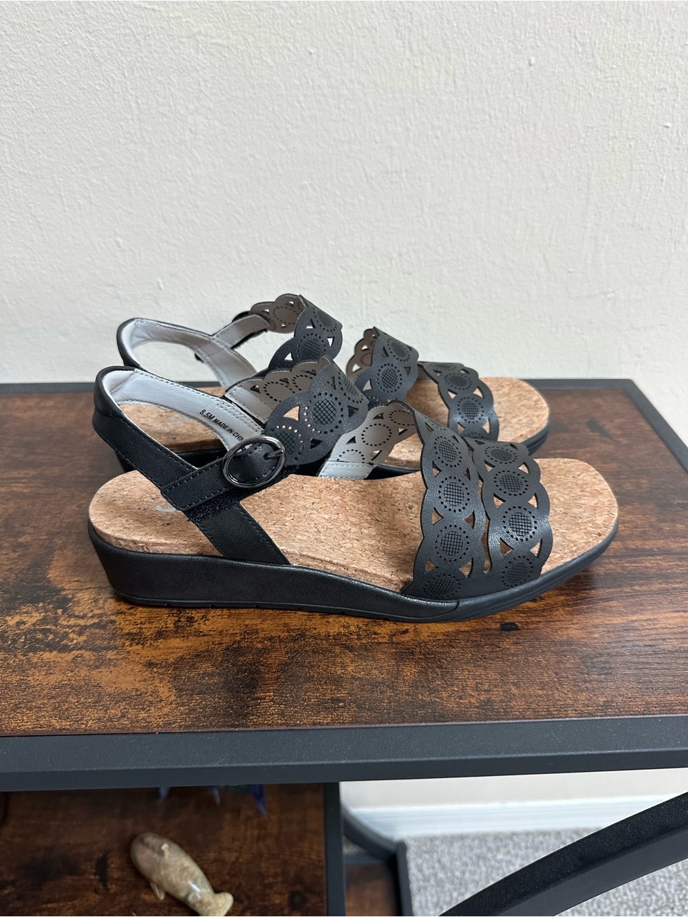 JBU Black Laser-Cut Slingback Wedge Sandals